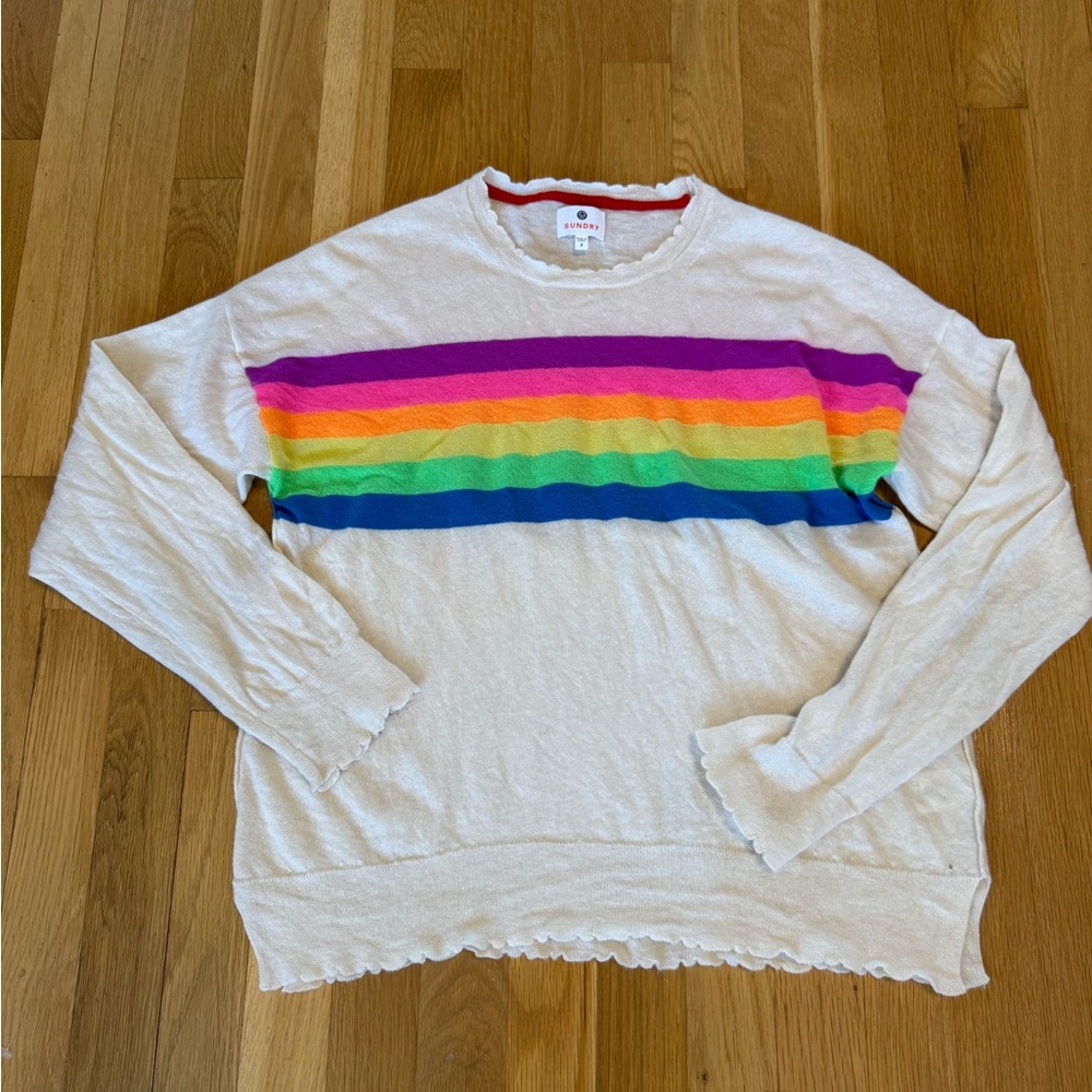 SUNDRY Rainbow Stripe Crew Neck Sweater Wool Cashmere Blend Scallop trim - Picture 1 of 9